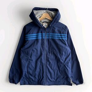 Vintage 90's Adidas Men Medium Navy Blue Full Zip Hooded Windbreaker Jacket RARE